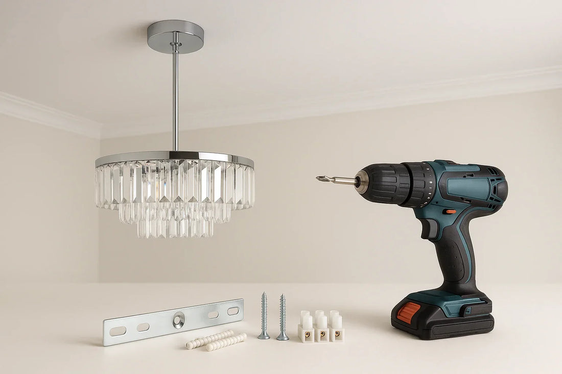 Installation d’un lustre au plafond sans crochet avec perceuse, barrette de fixation, vis et chevilles pour un montage sécurisé