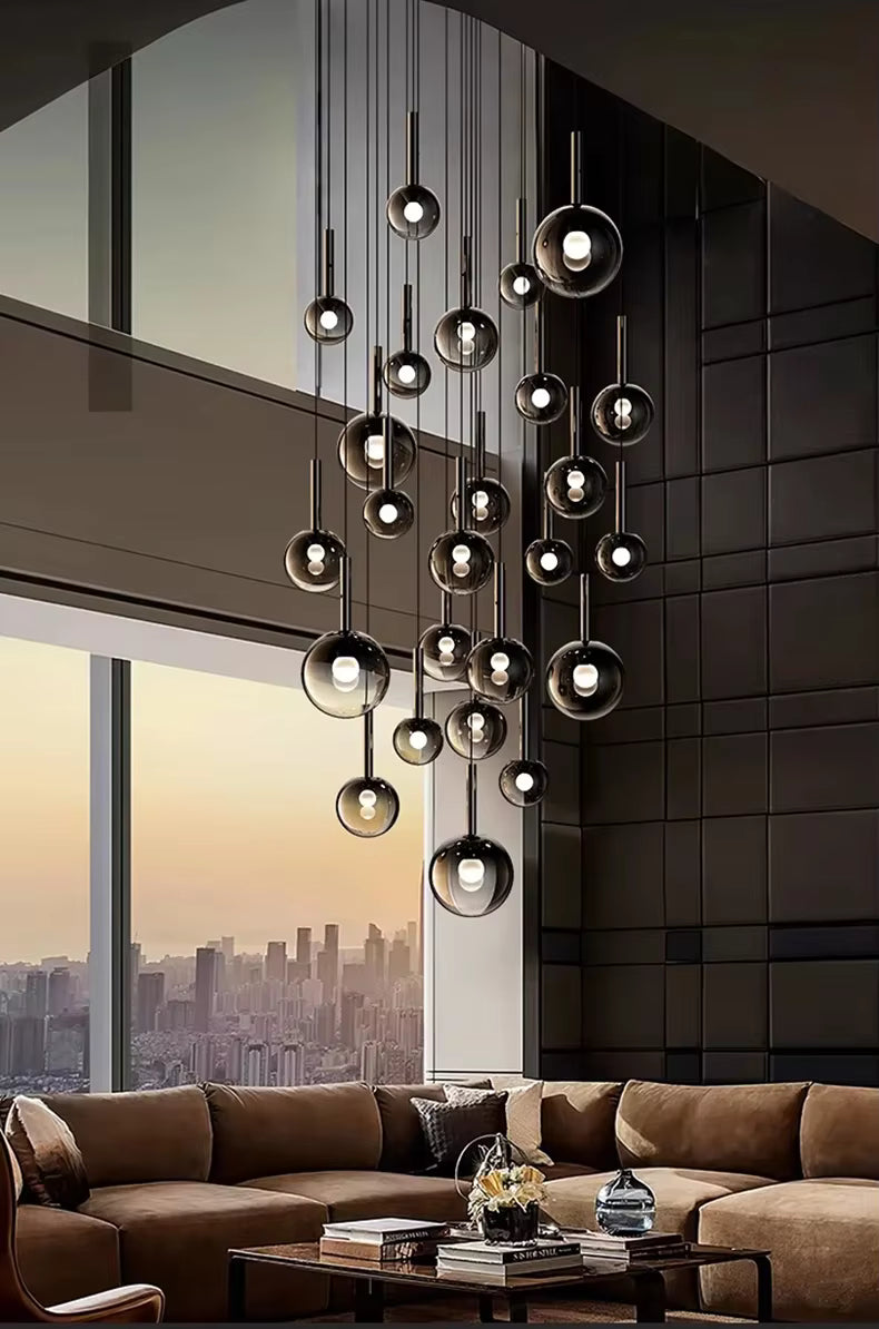 Lustre boule en verre noir plafond haut