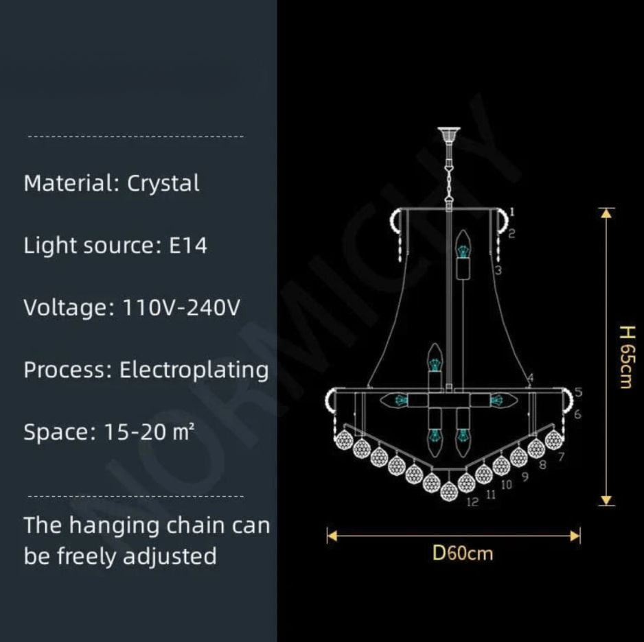 2 ÉTAGES DIAMÈTRE 60 HAUTEUR 65 CM / OR / LUMIÈRE CHAUD UNIQUEMENT Lustre cristal doré
