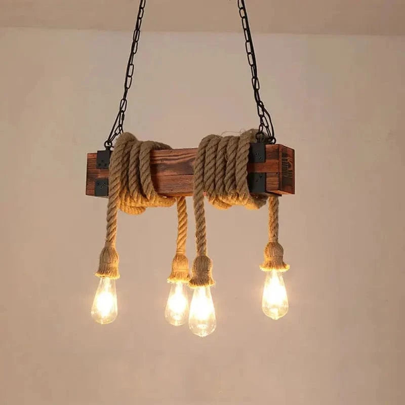 4 head no bulb / CHINA Lustre en bois avec corde