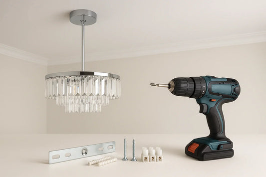 Installation d’un lustre au plafond sans crochet avec perceuse, barrette de fixation, vis et chevilles pour un montage sécurisé