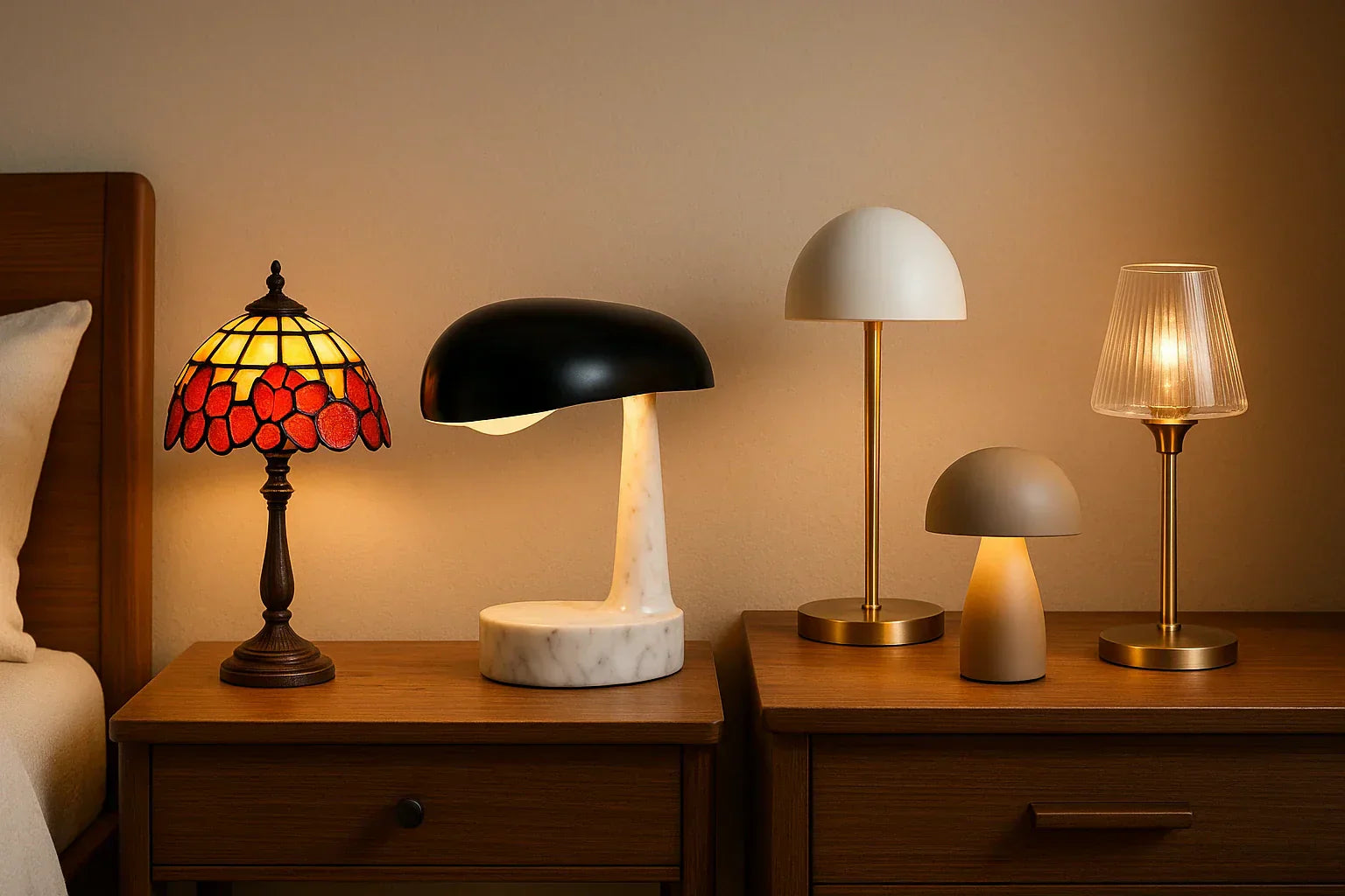 Comparatif de lampes de chevet design : lampe Snoopy en marbre, lampe Tiffany rouge vitrail, lampe Bauhaus minimaliste, lampe champignon sans fil et lampe de table design italien, créant une ambiance cosy et élégante