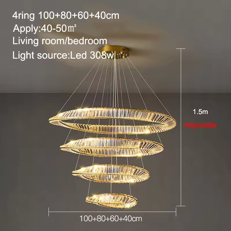 4 ANNEAUX DIAMÈTRE 100 cm / LUMIÈRE CHAUDE 3000k Lustre cristal anneaux dorés