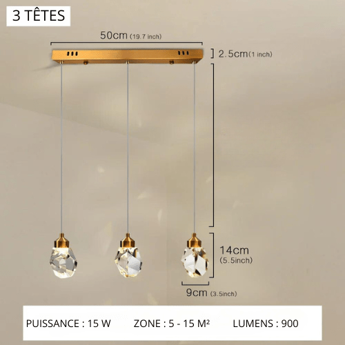 3 TÊTES / LUMIÈRE FROIDE Suspension cristal doré