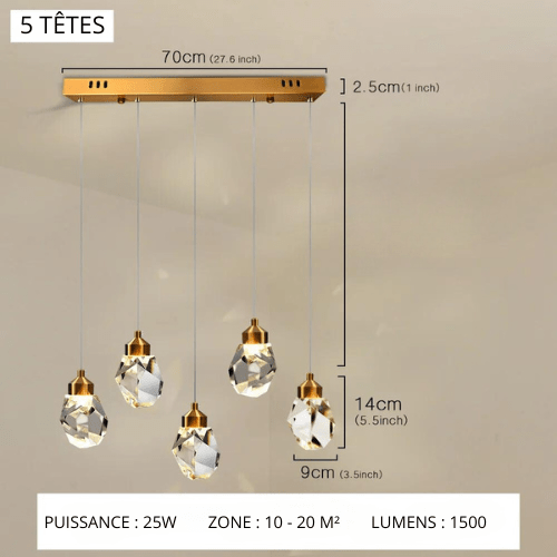 5 TÊTES / LUMIÈRE CHAUDE Suspension cristal doré