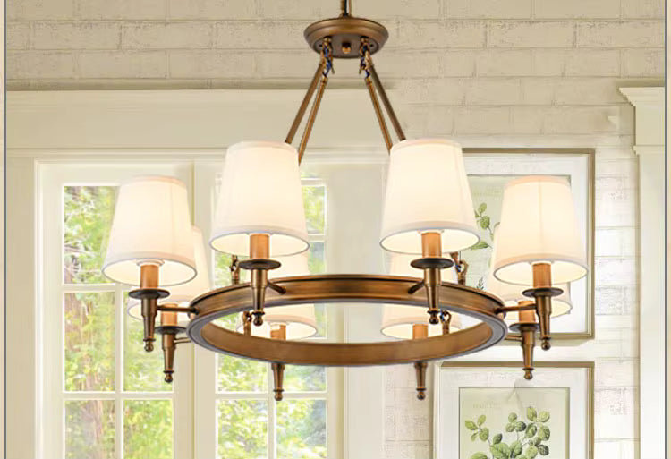 DIAMÈTRE 80 HAUTEUR 60 CM / TÊTES 8 / CUIVRE Grand lustre salon en fer forgé avec abat-jours