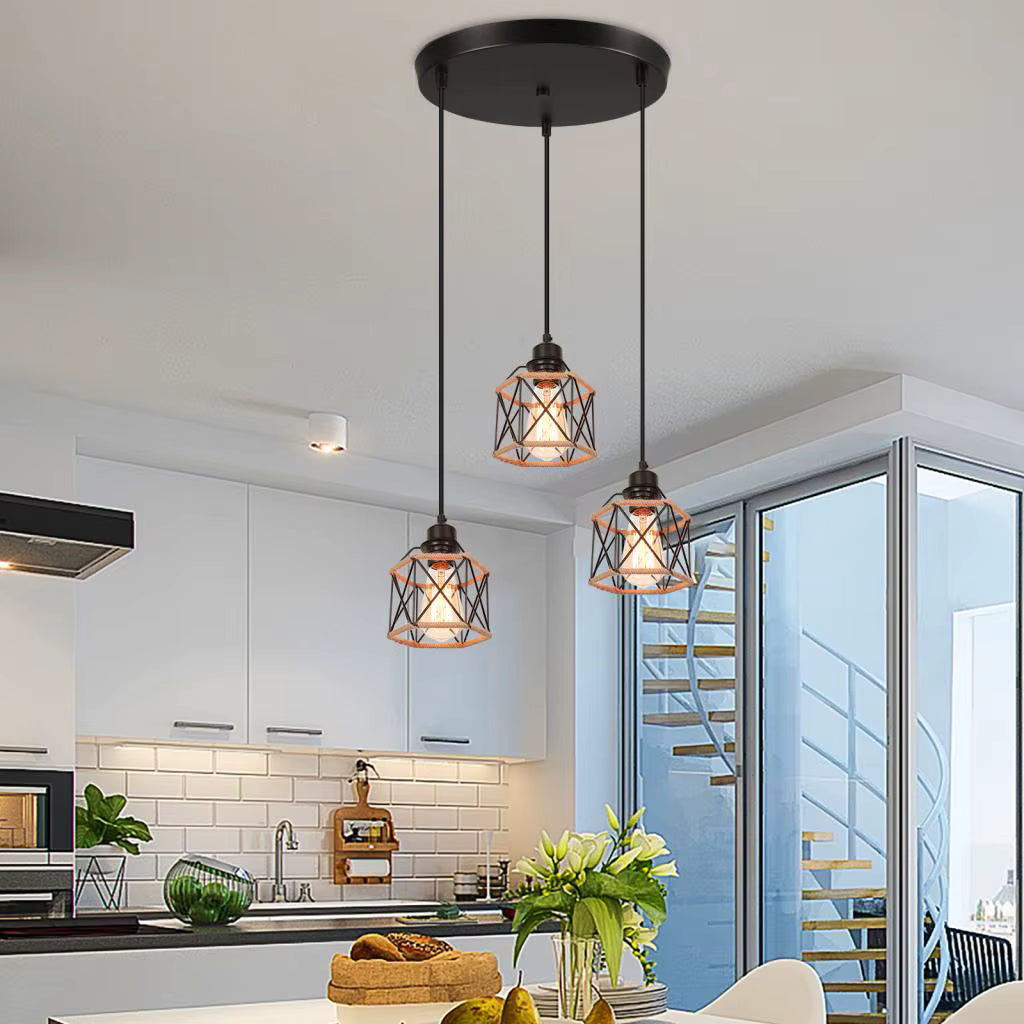 Suspension industrielle trois têtes base ronde corde et métal