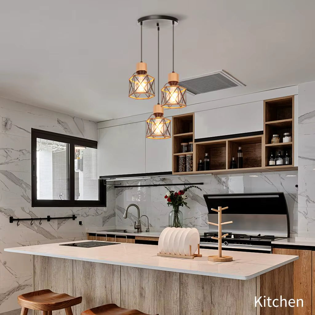 Suspension industrielle trois têtes base ronde corde et métal