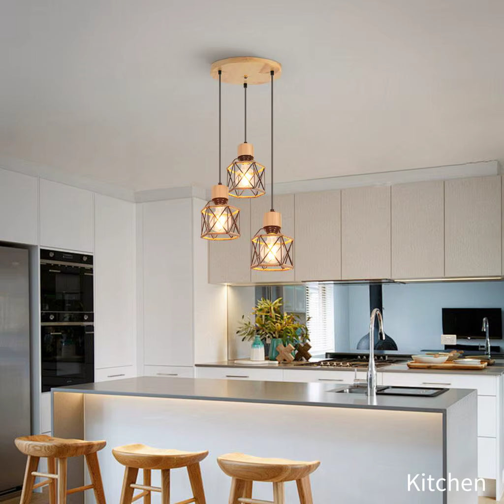 Suspension industrielle trois têtes base ronde corde et métal