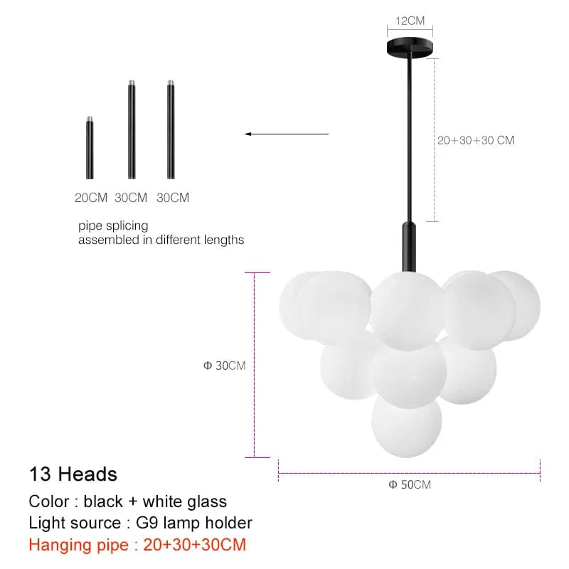 Black 13 heads / pipe 20 30 30CM / Neutral light 4000K Suspension en laiton avec globes en verre opalin