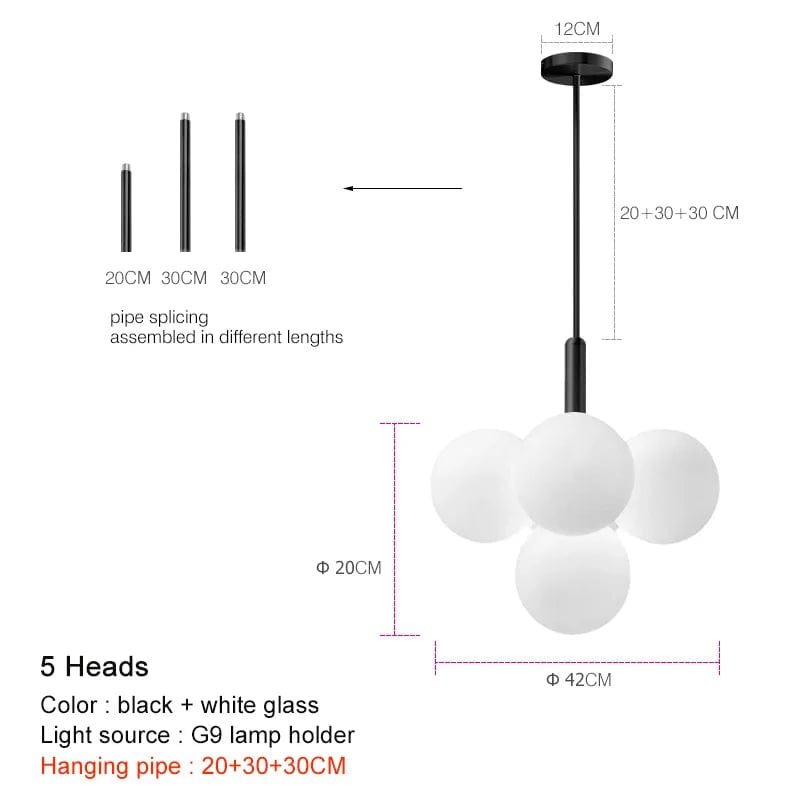 Black 5 heads / pipe 20 30 30CM / Warm White 3000K Suspension en laiton avec globes en verre opalin