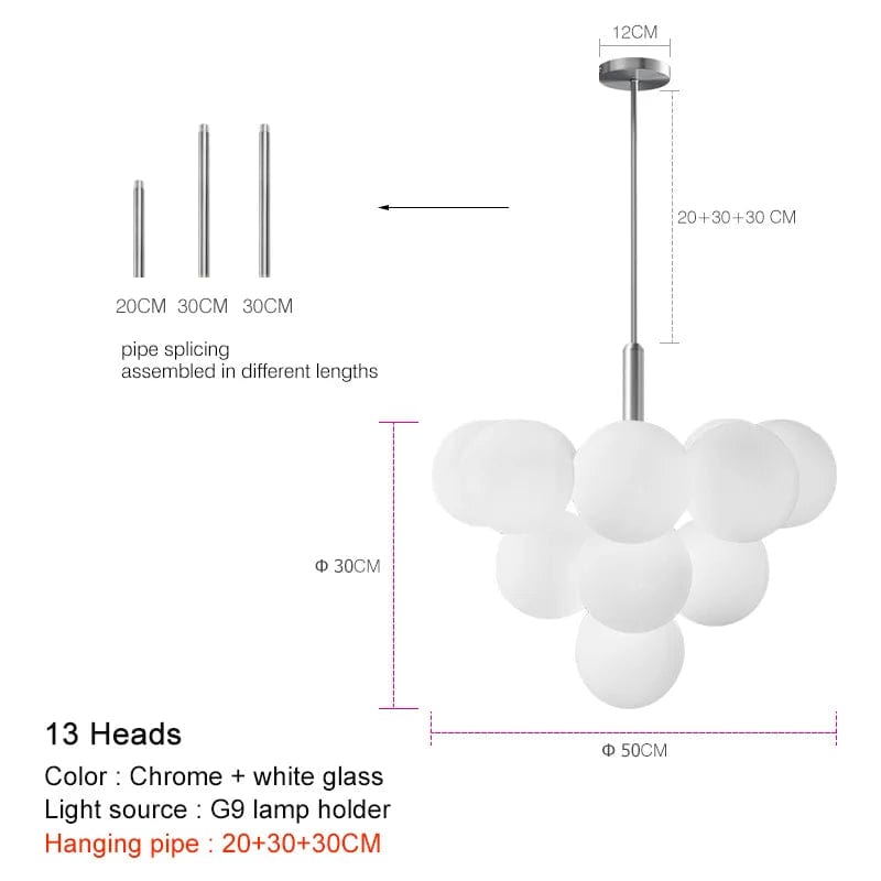 Chrome 13 heads / pipe 20 30 30CM / Warm White 3000K Suspension en laiton avec globes en verre opalin