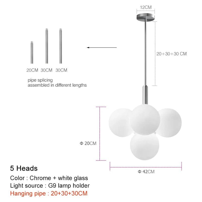 Chrome 5 heads / pipe 20 30 30CM / Warm White 3000K Suspension en laiton avec globes en verre opalin