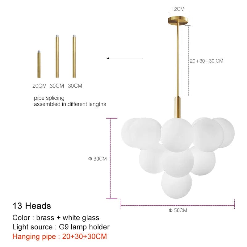 golden 13 heads / pipe 20 30 30CM / Warm White 3000K Suspension en laiton avec globes en verre opalin