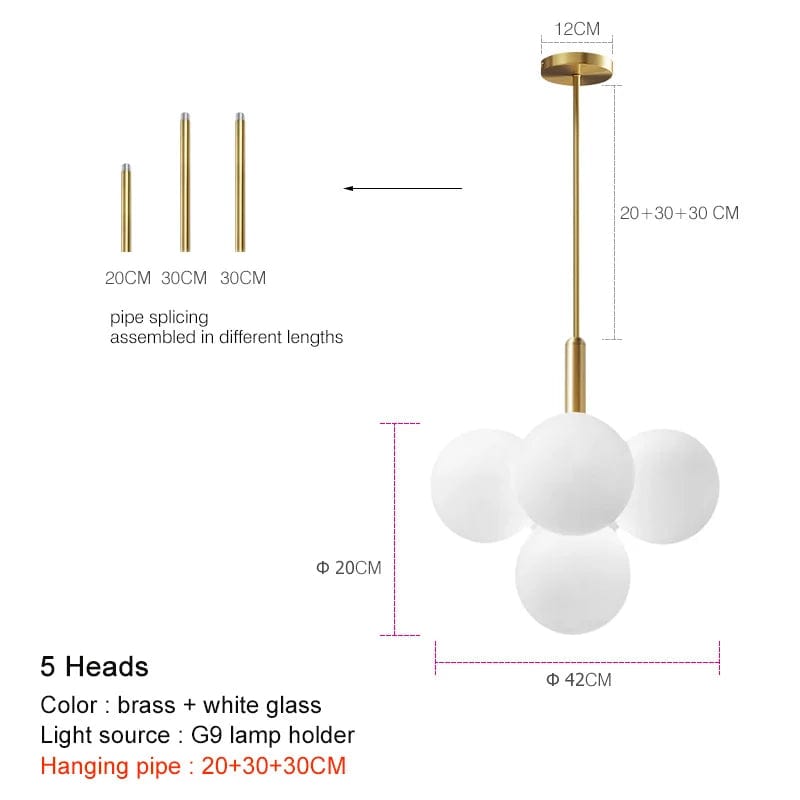 golden 5 heads / pipe 20 30 30CM / Warm White 3000K Suspension en laiton avec globes en verre opalin