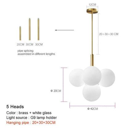 golden 5 heads / pipe 20 30 30CM / Warm White 3000K Suspension en laiton avec globes en verre opalin