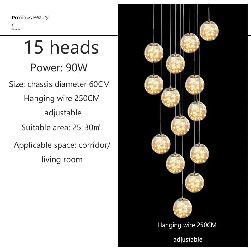 15 TÊTES / OR / TRANSPARENT Grand lustre pour plafond haut