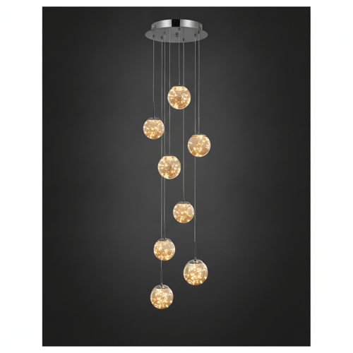 8 TÊTES, Puissance 48 W, Base Ø 40 cm, Câble réglable max 180 cm, Surface 15-20 m² / OR / TRANSPARENT Grand lustre pour plafond haut