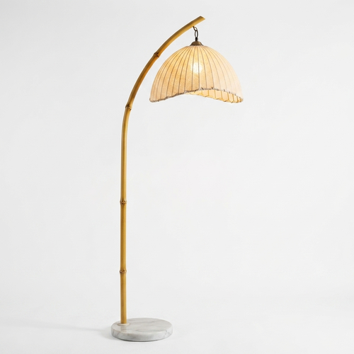 Lampadaire arc en bambou et marbre, abat-jour en tissu plissé