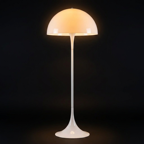Lampadaire design italien années 70, dôme opalin blanc allumé