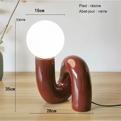 Lampe à poser boule en verre, pied ondulé bordeaux, dimensions