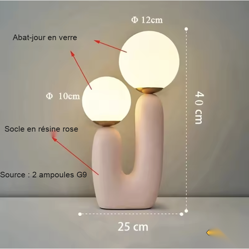 Lampe à poser double boule en verre, pied arche rose, dimensions