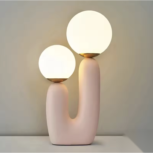 Lampe à poser double boule en verre, pied arche rose