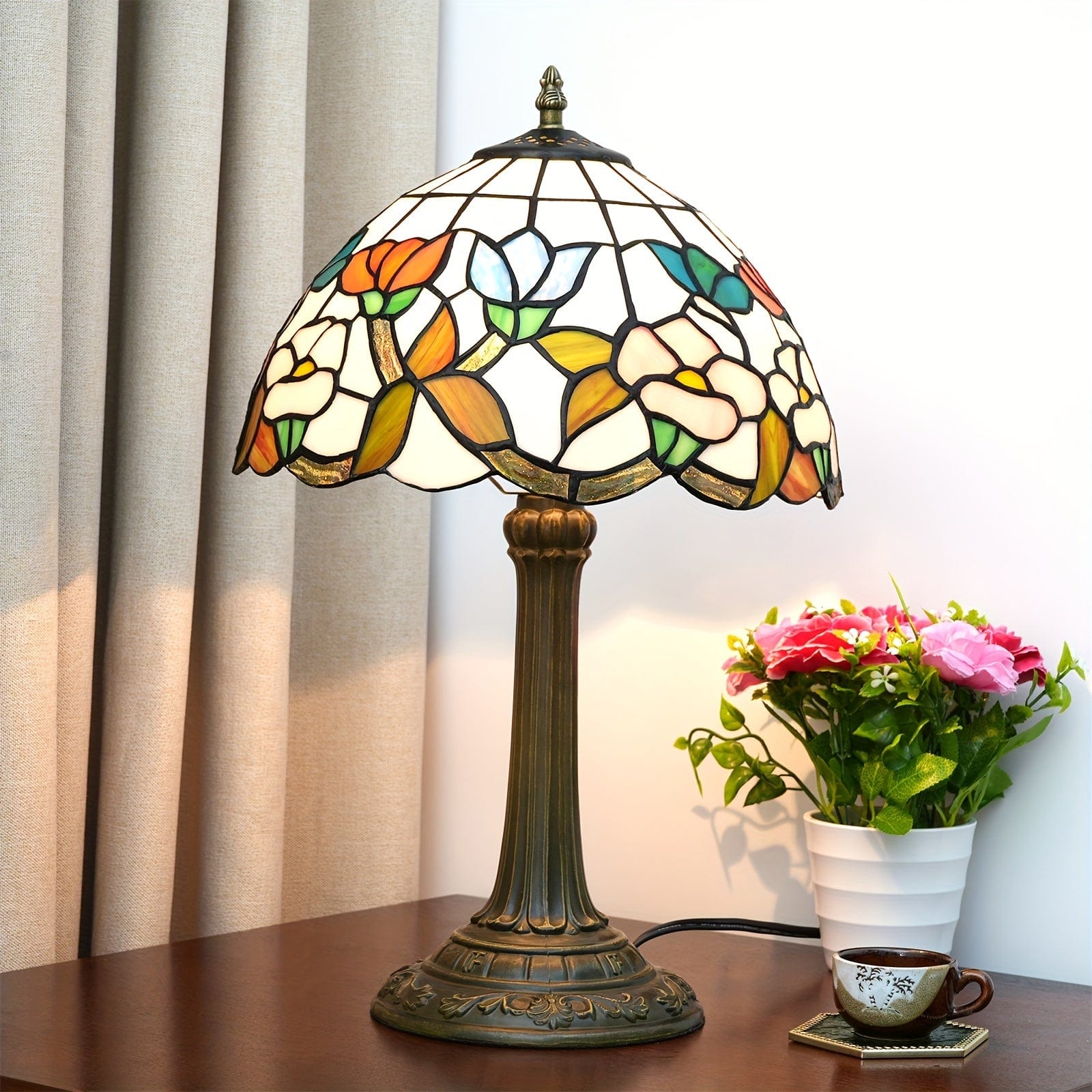 Morning glory table lamp lampe a poser style tiffany blanc