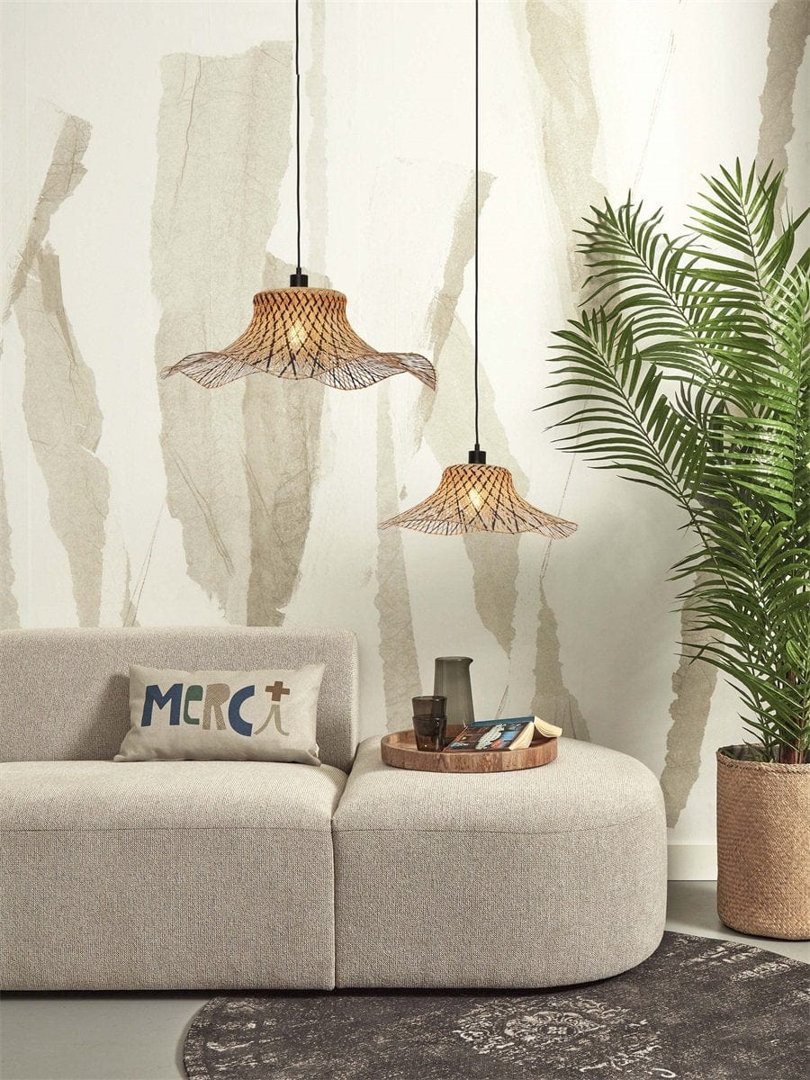 Lampe Suspendue "Ibiza S 50x15 BL/NAT" de Good & Mojo - Fusion de Naturel et Noir