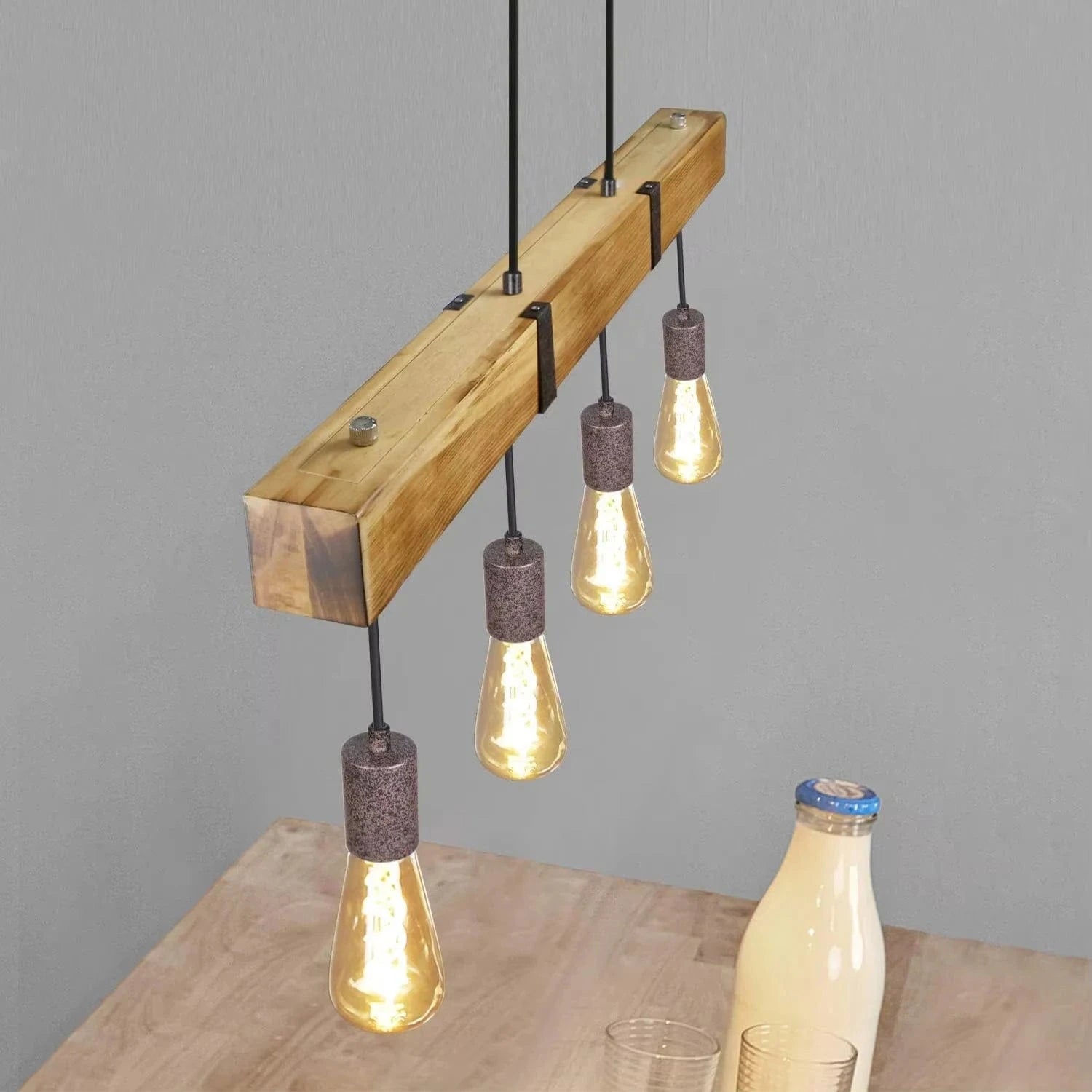 Lustre bois ampoules pendantes