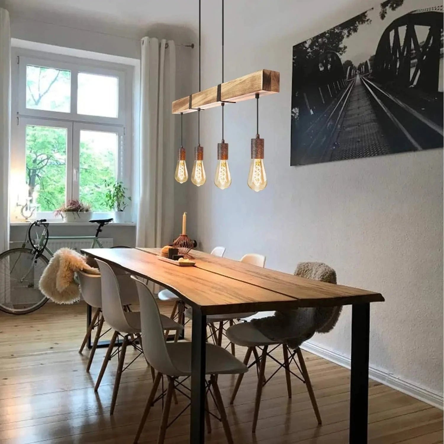 Lustre bois ampoules pendantes