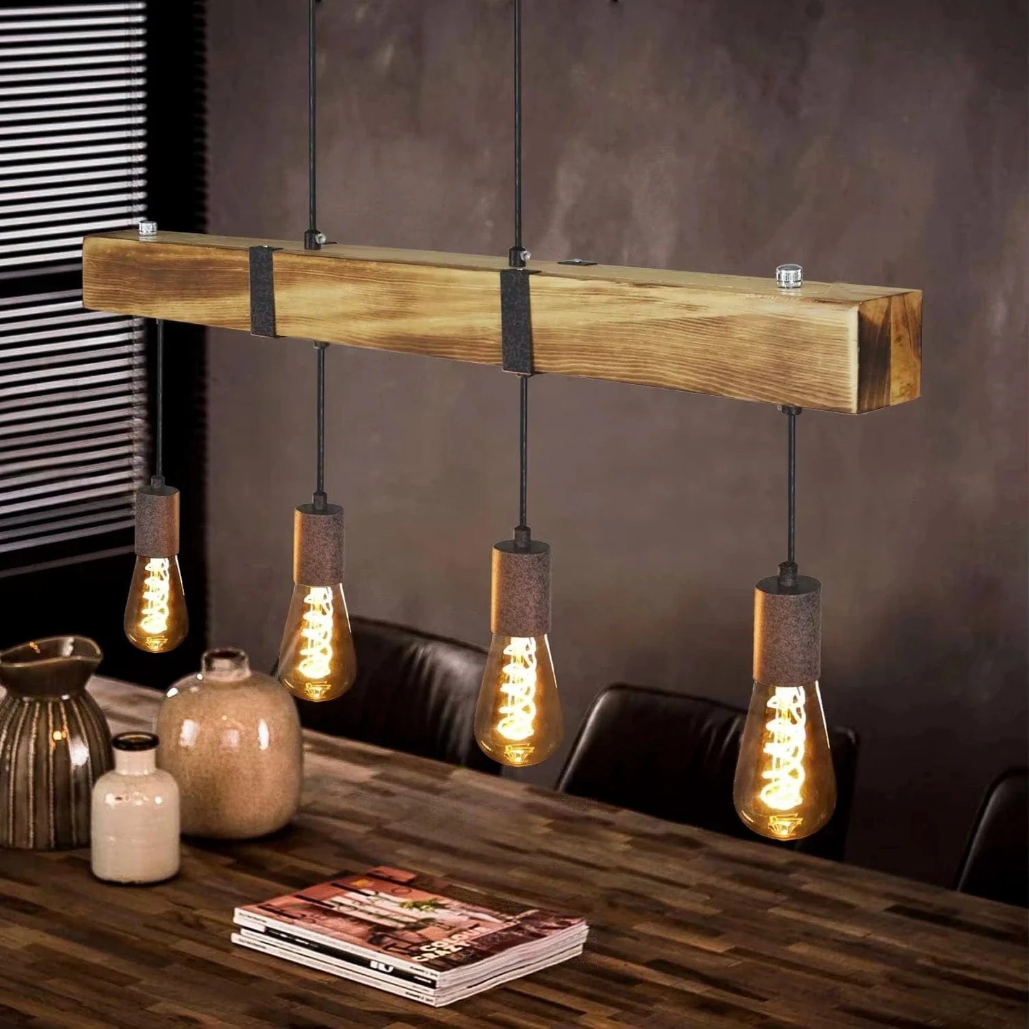 Lustre bois ampoules pendantes