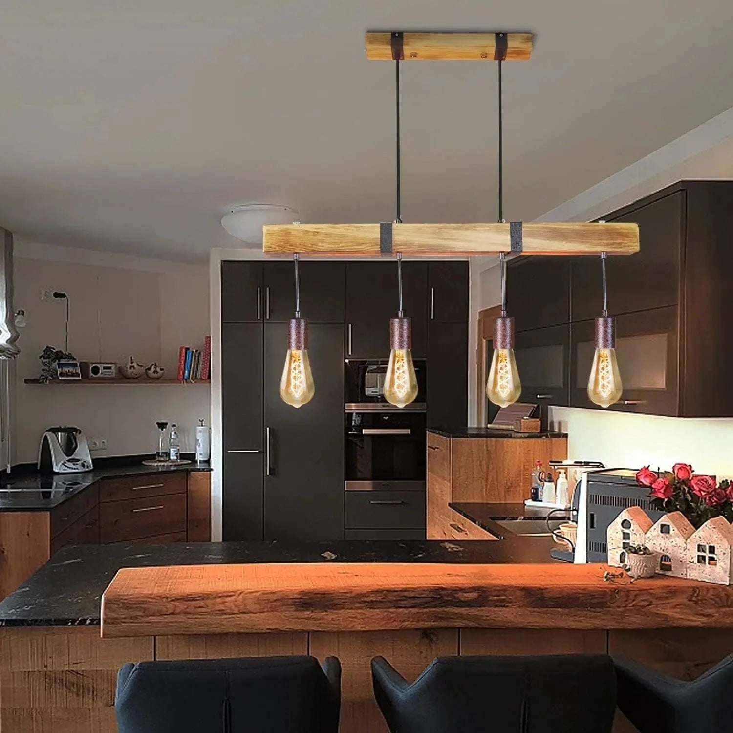 Lustre bois ampoules pendantes