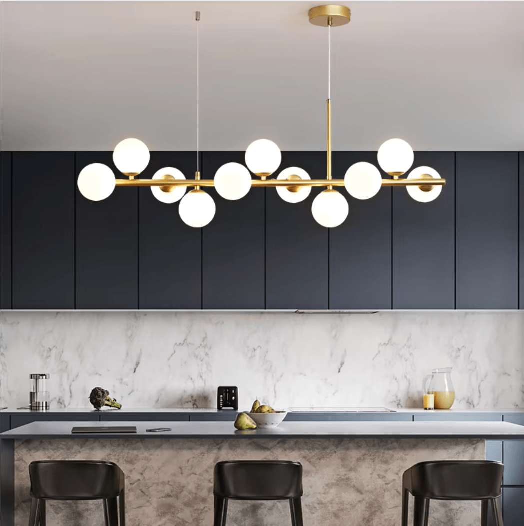 11 BOULES - LARGEUR 100 x HAUTEUR 124cm / BLANC / DORÉ Lustre boule en verre