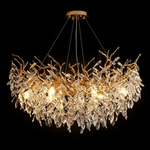 Lustre chic pour salle à manger, branches dorées et pendeloques de cristal