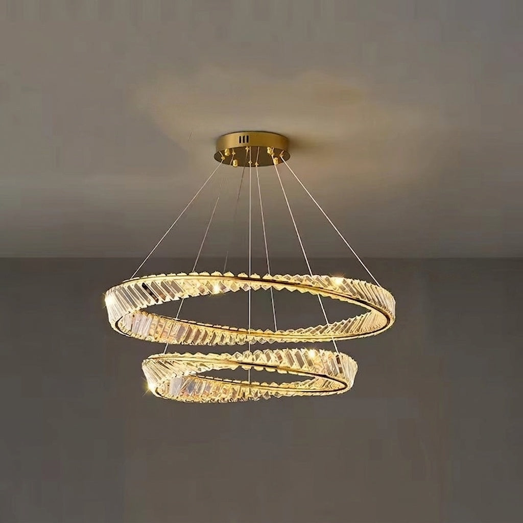 Lustre cristal anneaux dorés 2 ANNEAUX DIAMÈTRE 60 80 cm / DIMMABLE CONTRÔLE TÉLÉCOMMANDE ET INTERRUPTEUR MURALE