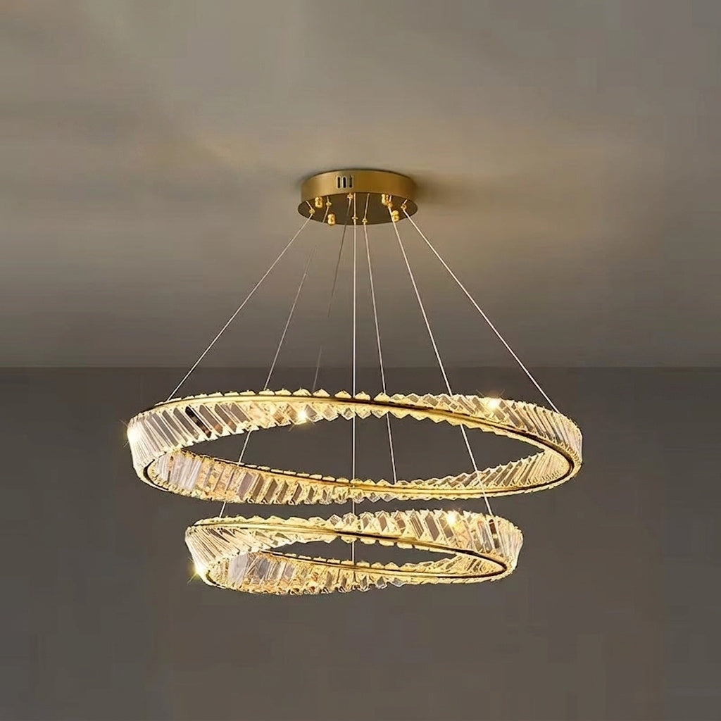 Lustre cristal anneaux dorés 2 ANNEAUX DIAMÈTRE60 100 cm / DIMMABLE CONTRÔLE TÉLÉCOMMANDE ET INTERRUPTEUR MURALE