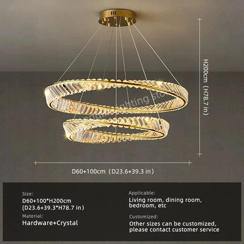 2 layers D 60 100 cm / warm light 3000k Lustre cristal anneaux dorés