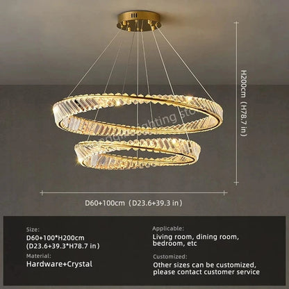 2 layers D 60 100 cm / warm light 3000k Lustre cristal anneaux dorés