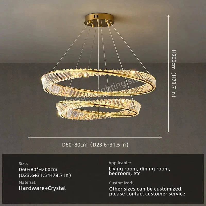 2 layers D 60 80 cm / Neutral light 4000k Lustre cristal anneaux dorés