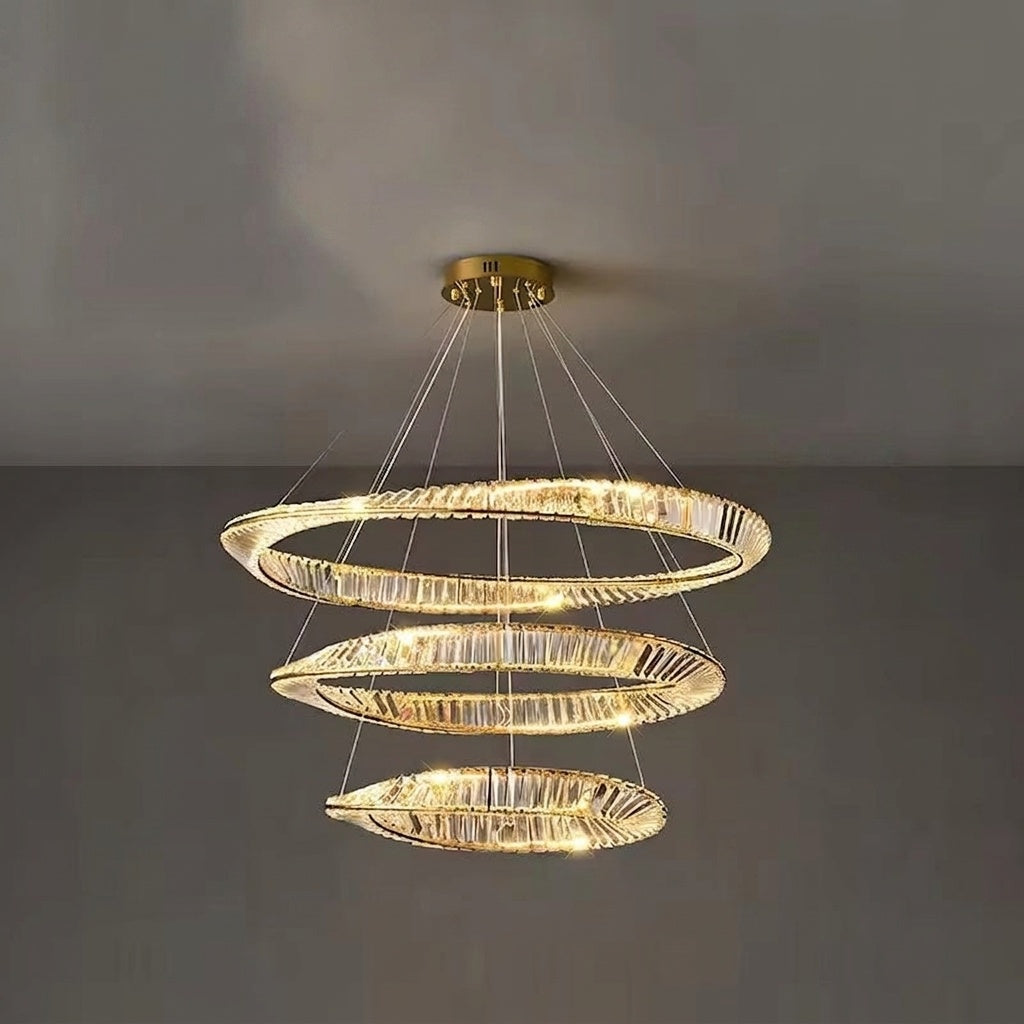 Lustre cristal anneaux dorés 3 ANNEAUX DIAMÈTRE  80 cm / DIMMABLE CONTRÔLE TÉLÉCOMMANDE ET INTERRUPTEUR MURALE
