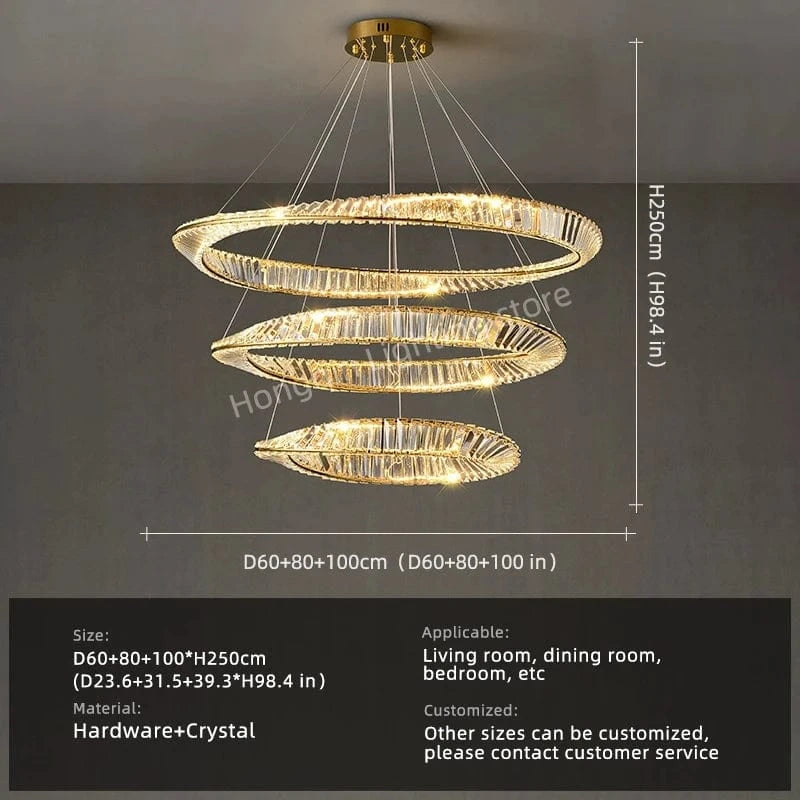 3 layers D  100cm / warm light 3000k Lustre cristal anneaux dorés