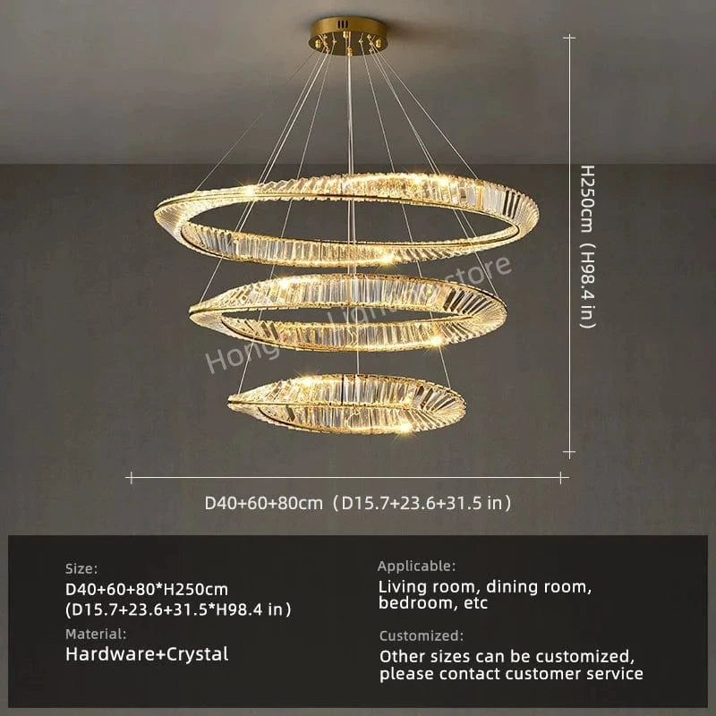3 layers D  80 cm / Neutral light 4000k Lustre cristal anneaux dorés