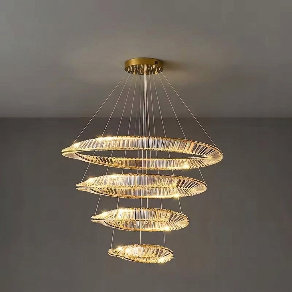 Lustre cristal anneaux dorés 4 ANNEAUX DIAMÈTRE 100 cm / DIMMABLE CONTRÔLE TÉLÉCOMMANDE ET INTERRUPTEUR MURALE