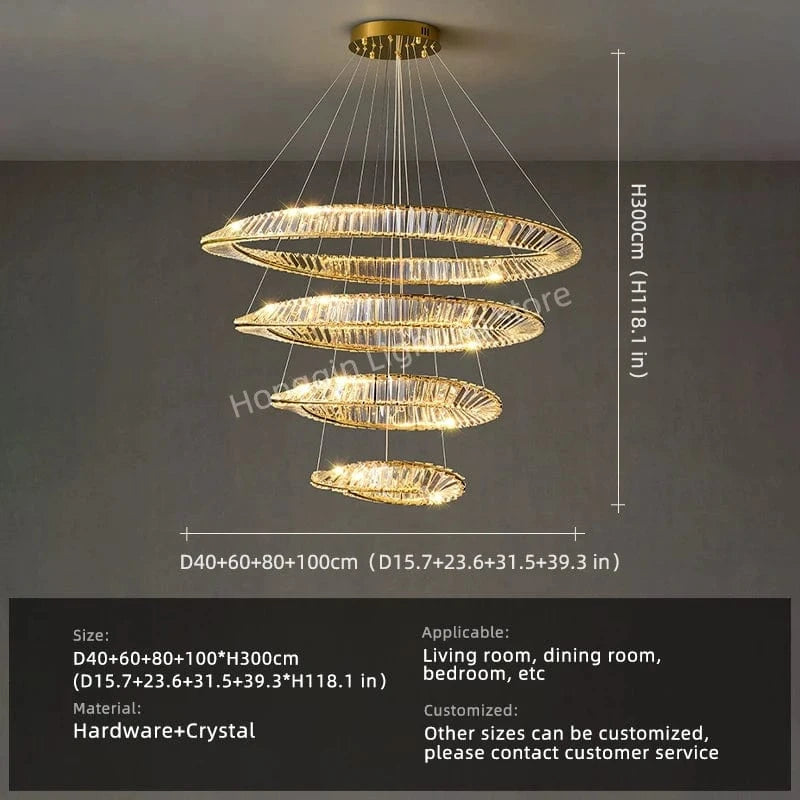 4 layers D 100 cm / Neutral light 4000k Lustre cristal anneaux dorés