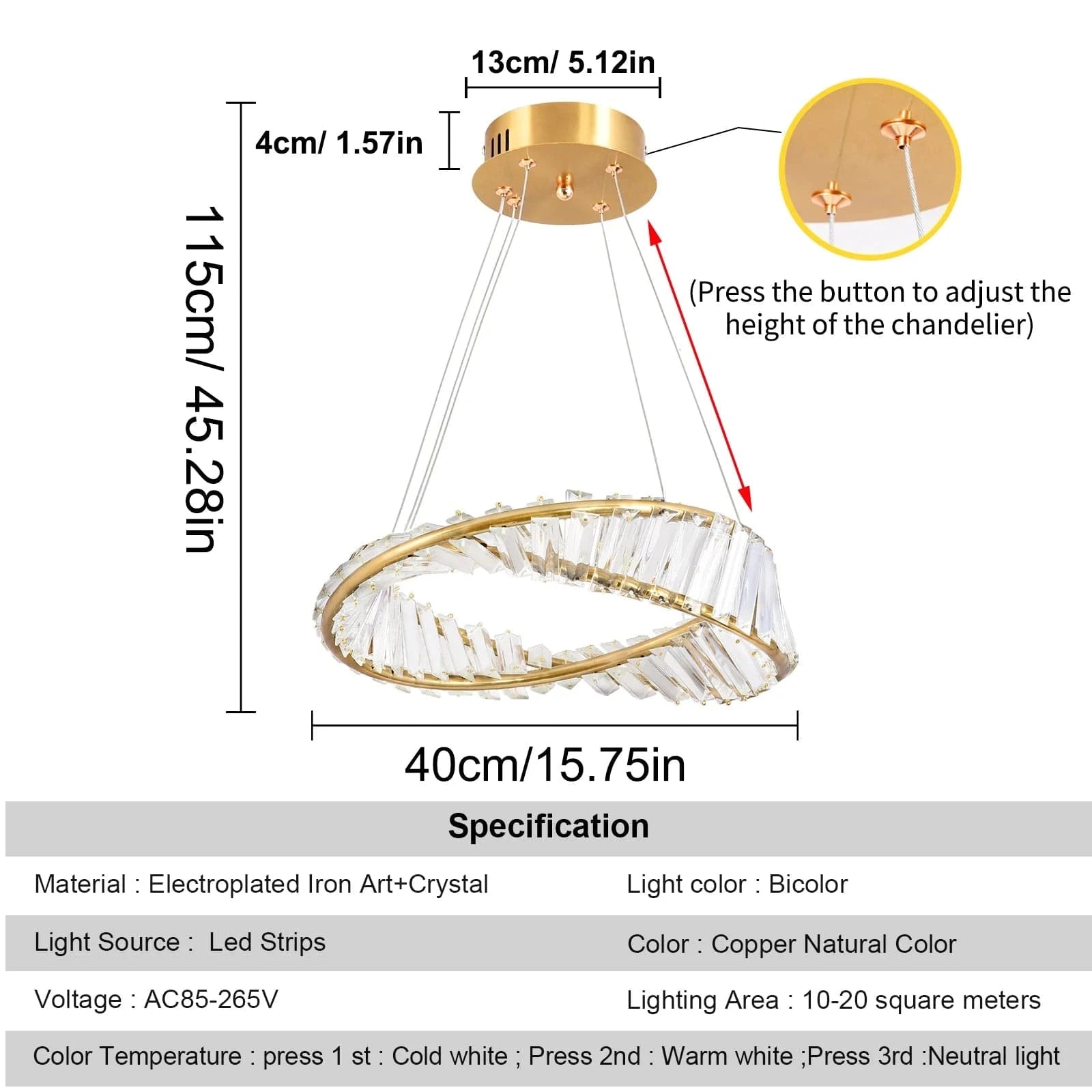 DIAMÈTRE 40 CM / TRICOLORE CONTRÔLE INTERRUPTEUR ( CHAUD FROID NEUTRE ) Lustre crystal led Dimmable