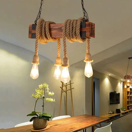 4 head no bulb / CHINA Lustre en bois avec corde