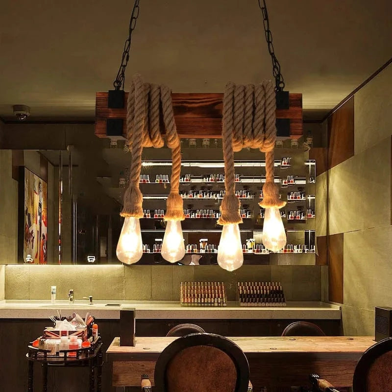 4 head no bulb / CHINA Lustre en bois avec corde