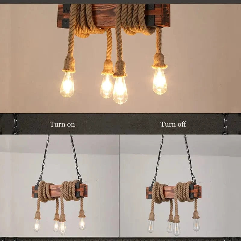 4 head no bulb / CHINA Lustre en bois avec corde