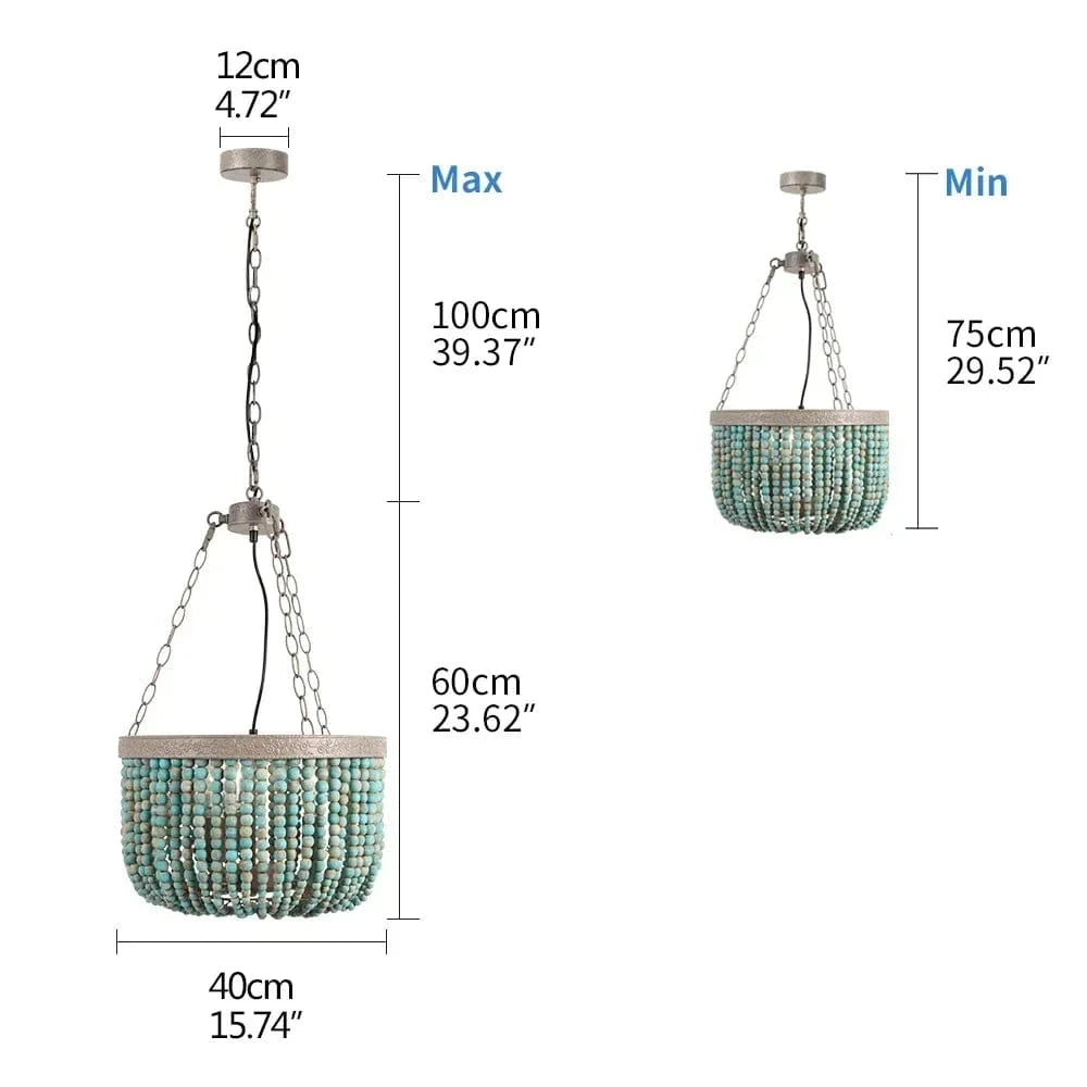 wooden beads-BL Lustre en perle de bois orné de fer forgé